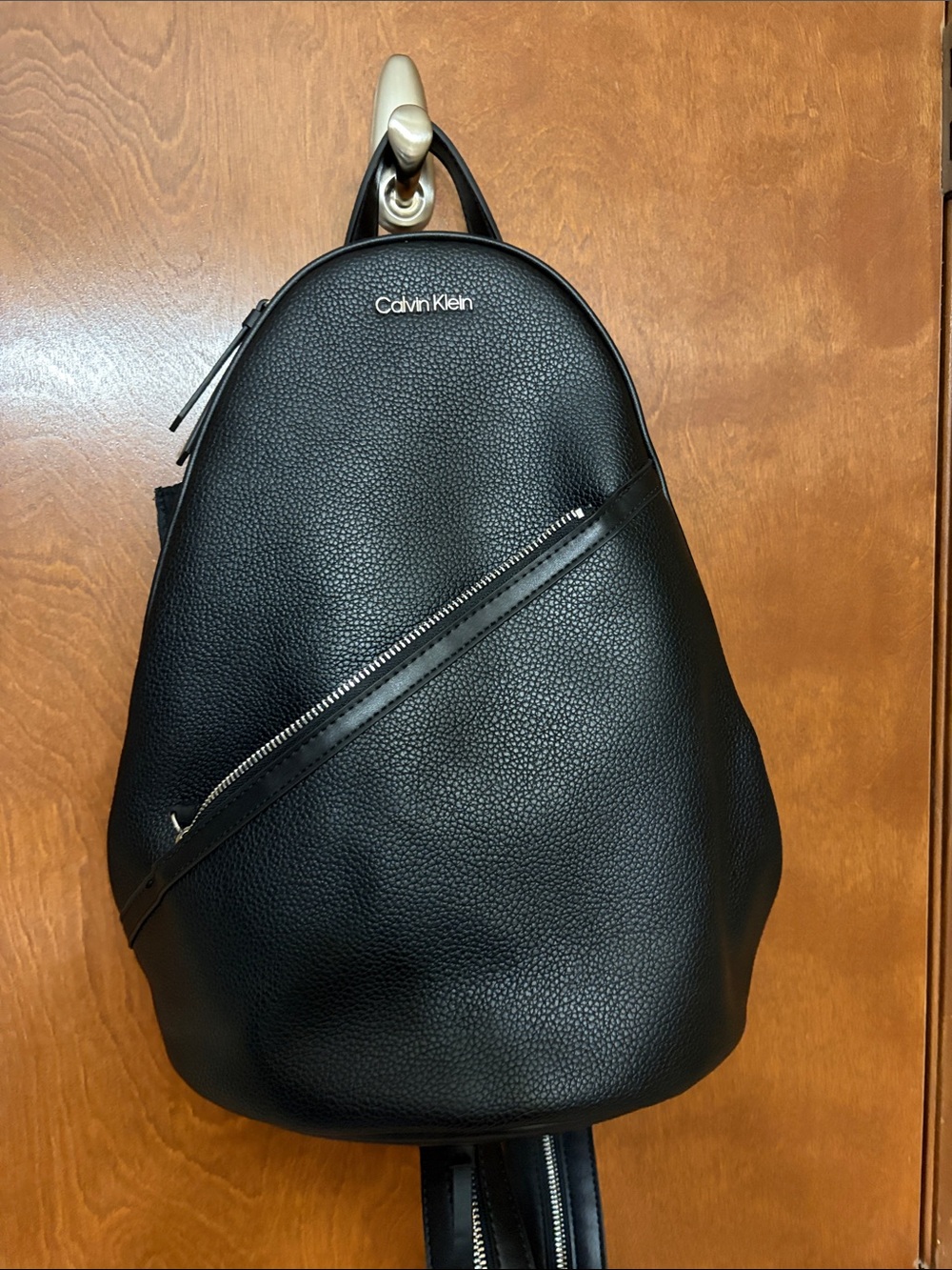 Calvin Klein Black Pebbled Leather Diagonal Zip Crossbody Bag